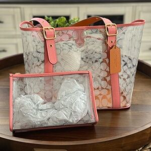 Coach Pink lemonade &  Tan Women's clear Tote NWOT